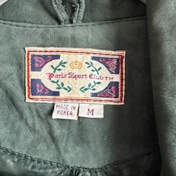 VTG Paris Sport Club Forest Green Suede Duster Coat M Oversized 80s 90s Korea - Picture 3 of 16